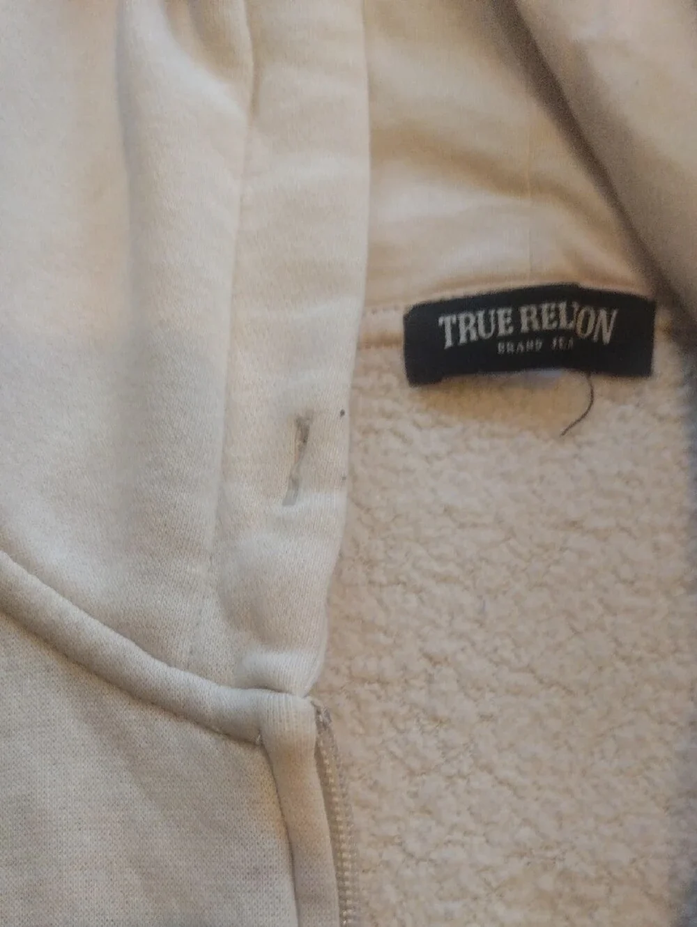 True Religion Cream Pullover Hoodie with Blue Logo Graphic